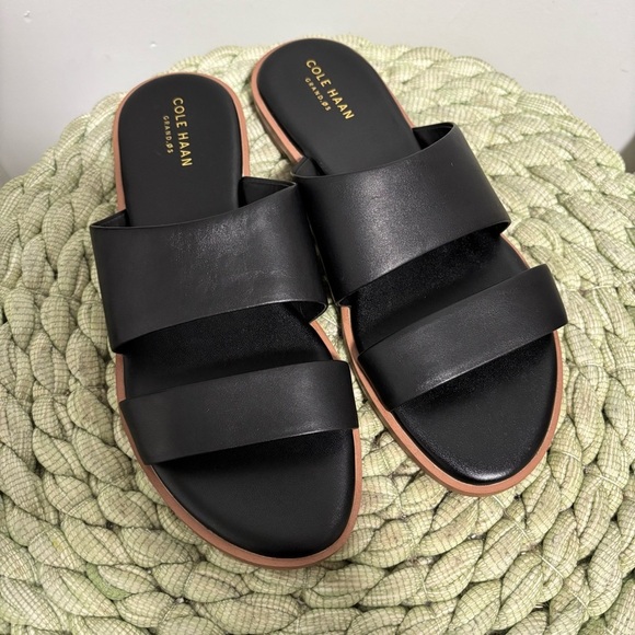 NEW Cole Haan Anica Black Leather Double Strap Slide Flat Sandals Size 7 - Picture 4 of 11